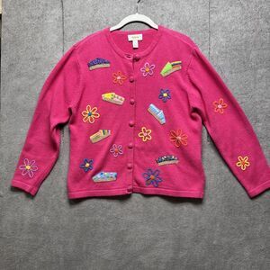 Vintage 80s 90s Talbots Cardigan Applique Flowers Preppy Grandma Core‎ PM M